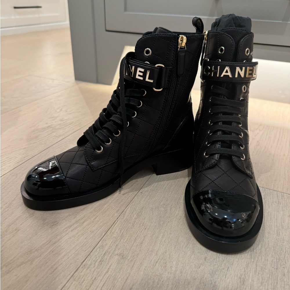 Chanel lace up combat boots